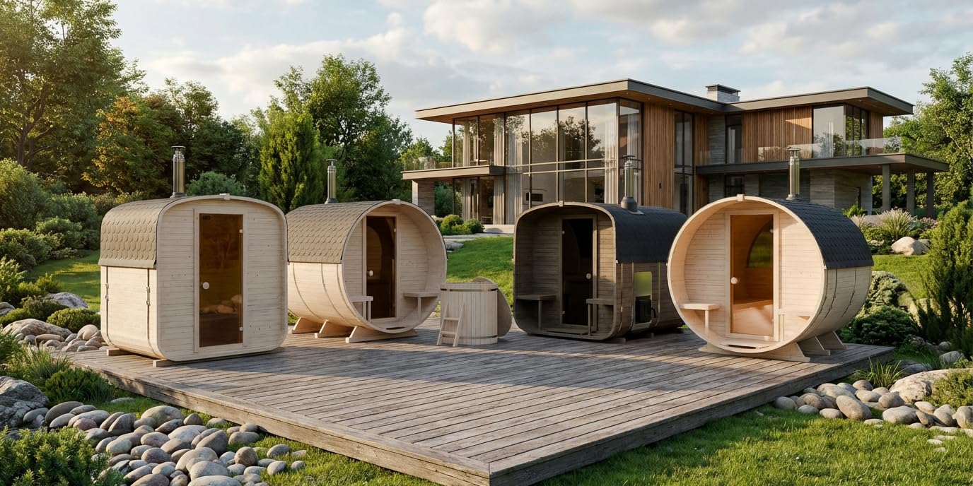 Fasssauna und Quadro Sauna im Garten moderne Außensauna Holz