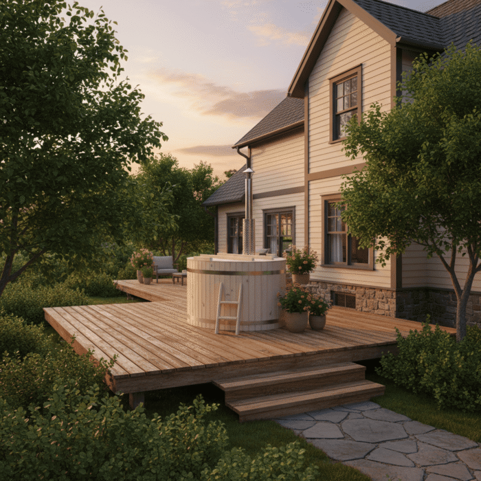 Badefass aus Holz im Garten mit Terrasse moderner Hot Tub